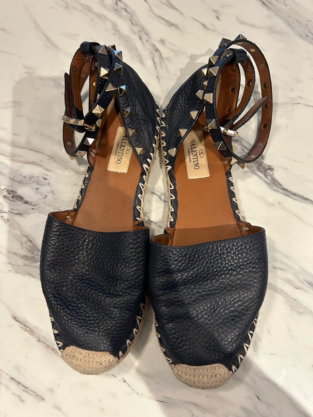 Valentino Navy Leather Flat Espadrilles